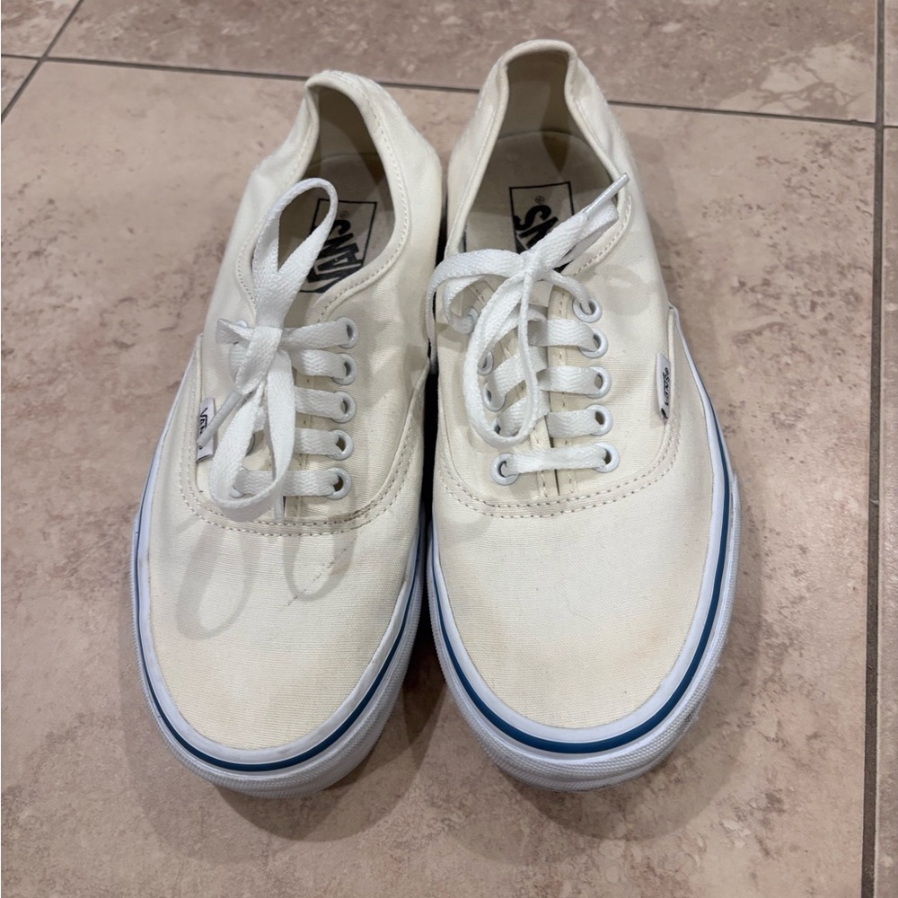 Vans White Canvas Low-Top Sneakers with Blue Stripe